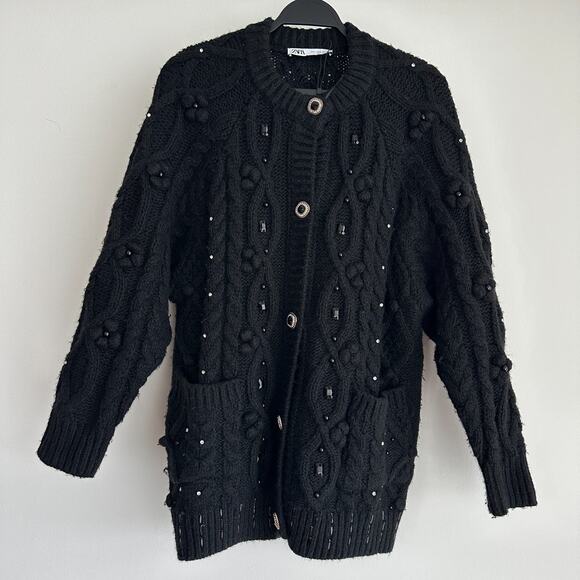 ZARA Sweater Cardigan Womens Small Black Embellished Chunky Cable Knit Oversized - Picture 1 of 8